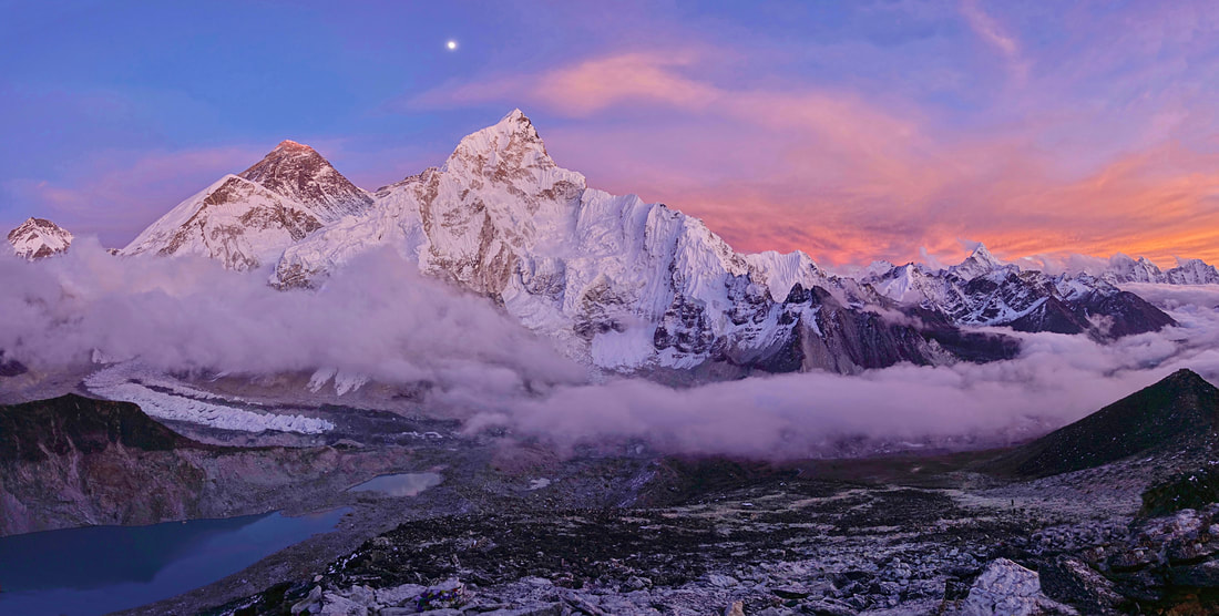 Sunset panorama from Kala Patthar of Mount Everest and surrounding peaks