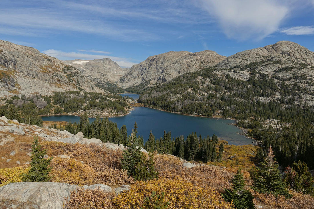 Looking back at Golden Lakes while climbing Hay Pass in the Wind River Range