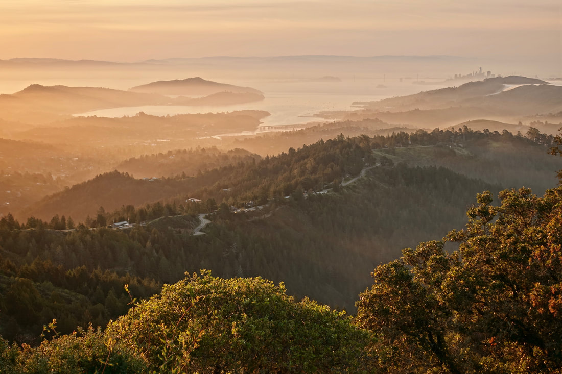 Sunrise view from West Point Inn in Mount Tamalpais State Park towards San Francisco