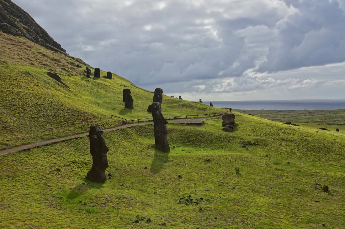 Moais on the Rano Raraku hike on Easter Island in chile
