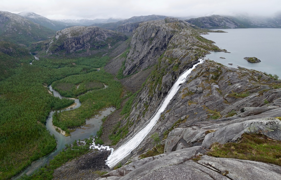 Rago National Park hike in Norway with view of Litlverivassfossen