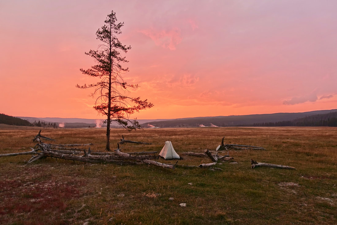Sentinel Meadows backcountry camp at sunset in Yellowstone National Park