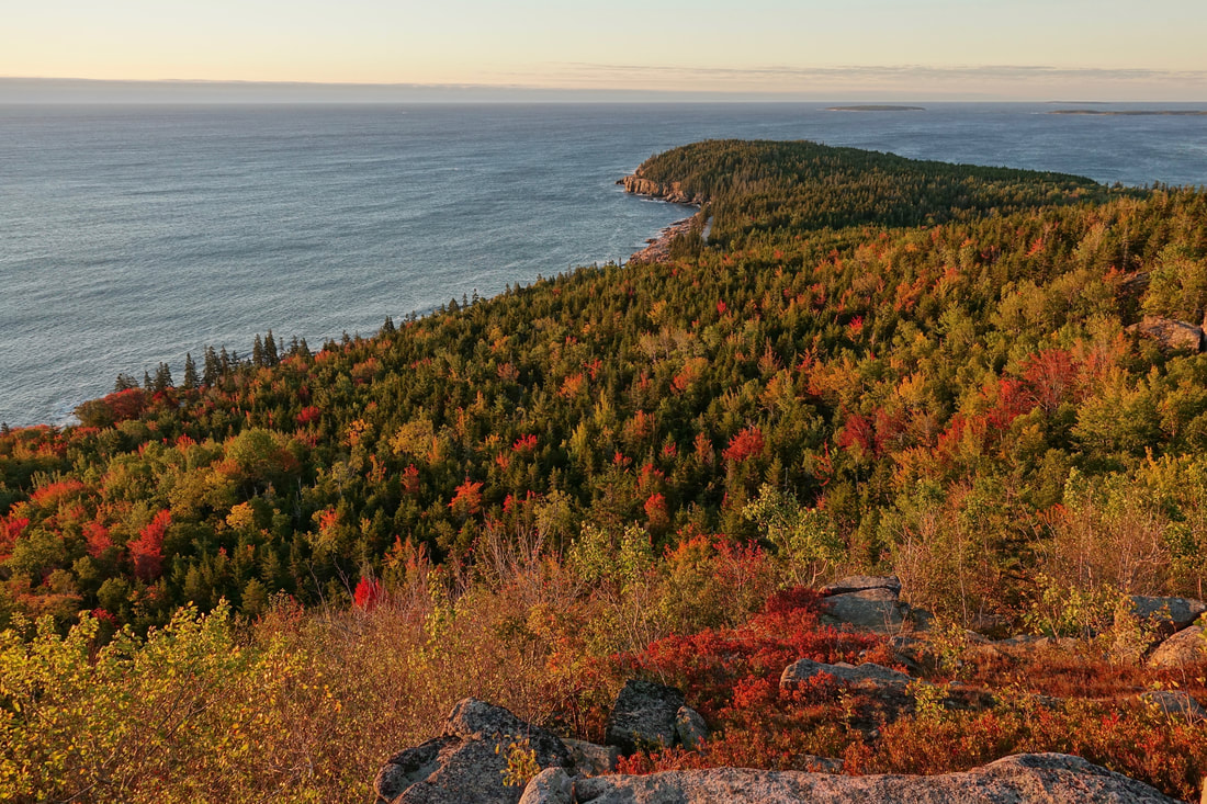 Gorham mountain summit with fall colors over the coast of Maine in Acadia National Park