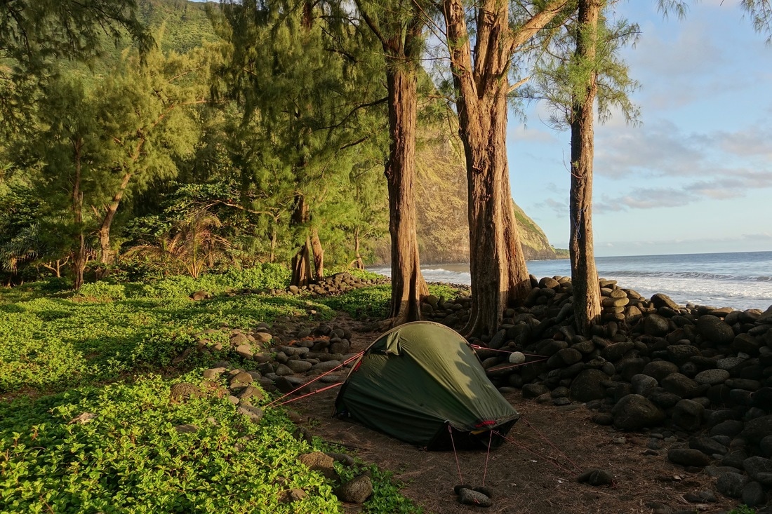 Waimanu campsite on the Muliwai trail in Hawaii