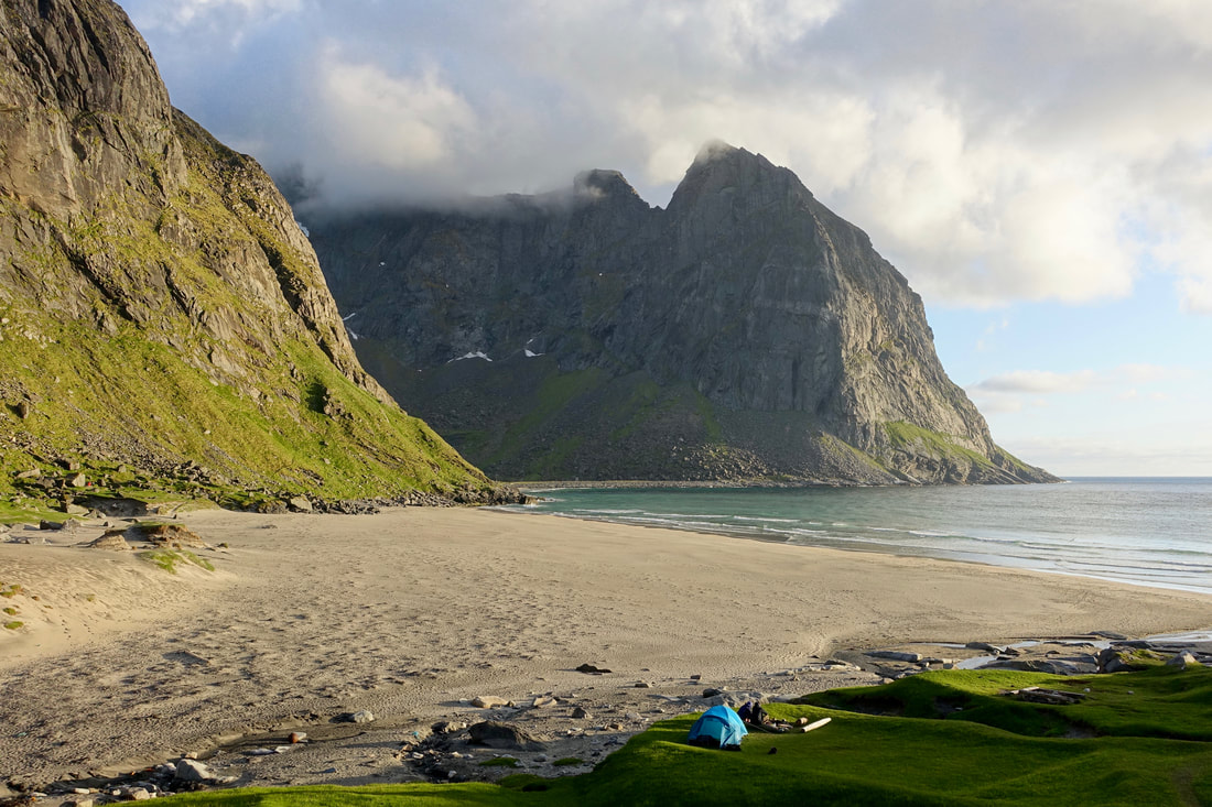 Kvalvika beach camping in Lofoten Norway