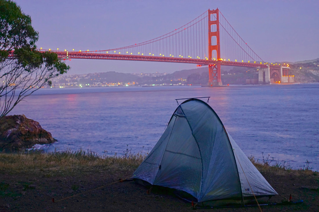 Kirby Cove campsite 001 in California with view of the Golden Gate Bridge in San Francisco
