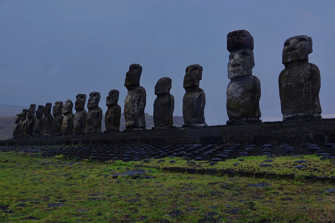 Ahu Tongariki Easter Island Chile in the rain at dawn