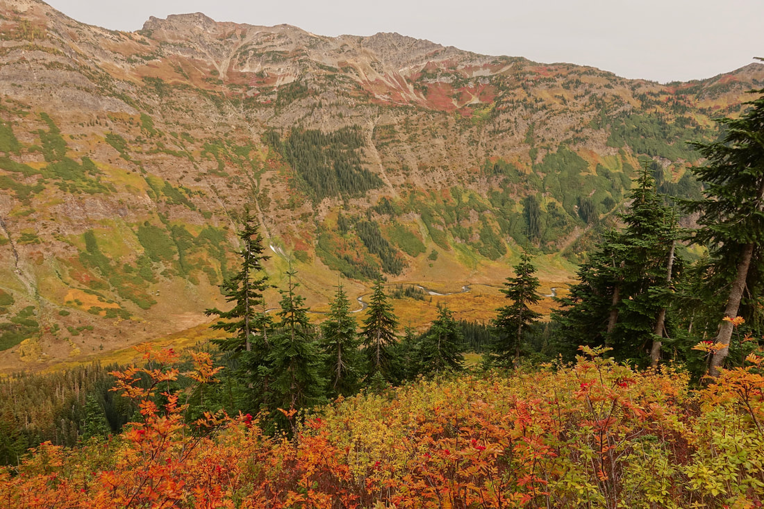 Napeequa Valley in autumn from Boulder Pass in the Glacier Peak Wilderness Washington