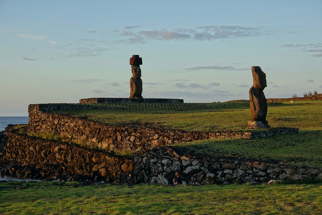 Ahu Tahai and Ahu Ko Te Riku at sunset on Easter Island Chile