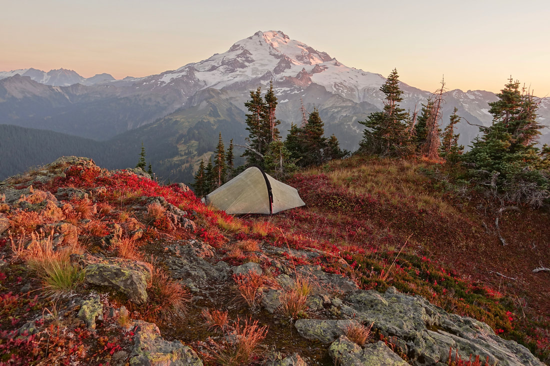 High camp on Grassy Point with a view of Glacier Peak