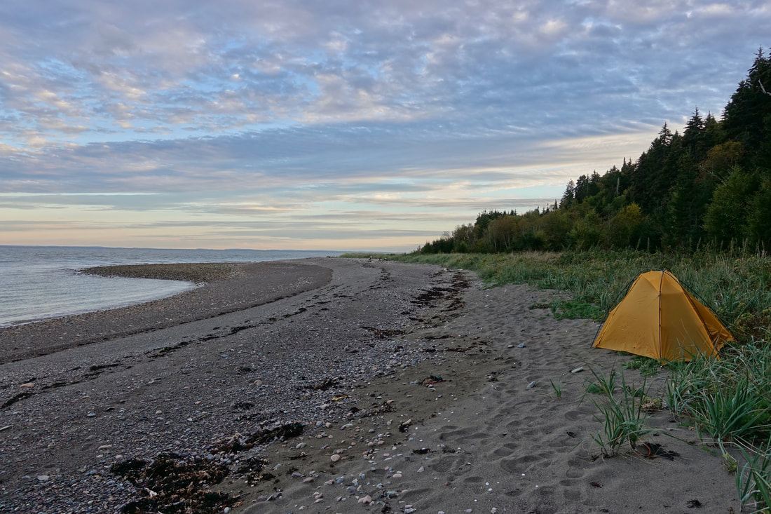 Seely beach campsite on Fundy Footpath alongside the Bay of Fundy in New Brunswick