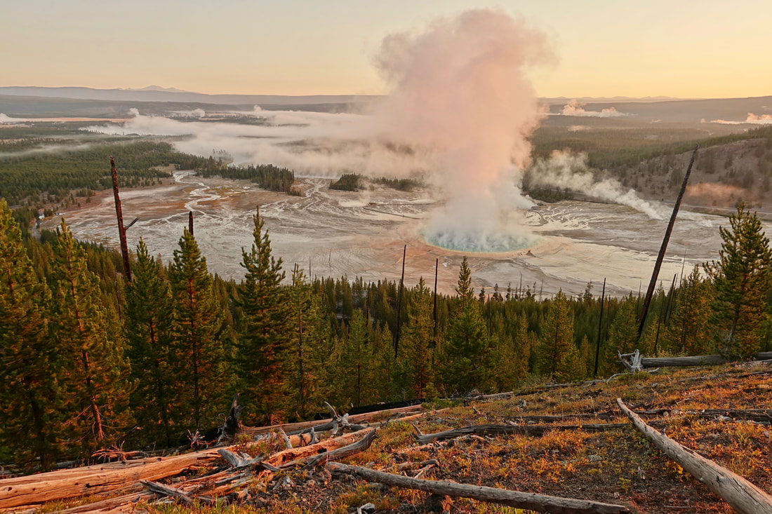 Grand Prismatic Spring Overlook at sunrise in Yellowstone National Park