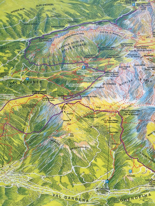 Map of Seceda and olde mountain hiking trails