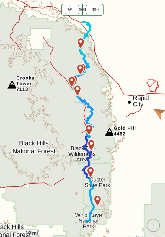 Overview map of the Centennial Trail backpack in South Dakota