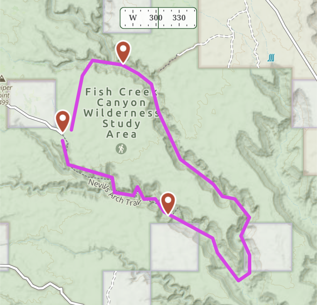 Map route of Fish Owl Creek Canyon loop hike in Utah